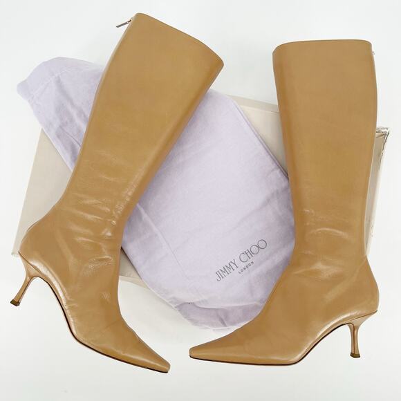 Retro Jimmy Choo Rose Camel Tan Knee High Pointed Toe Heeled Boot size IT 40 - Picture 1 of 13